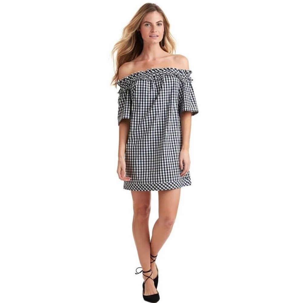 Vineyard Vines Gingham off the shoulder dress black and white